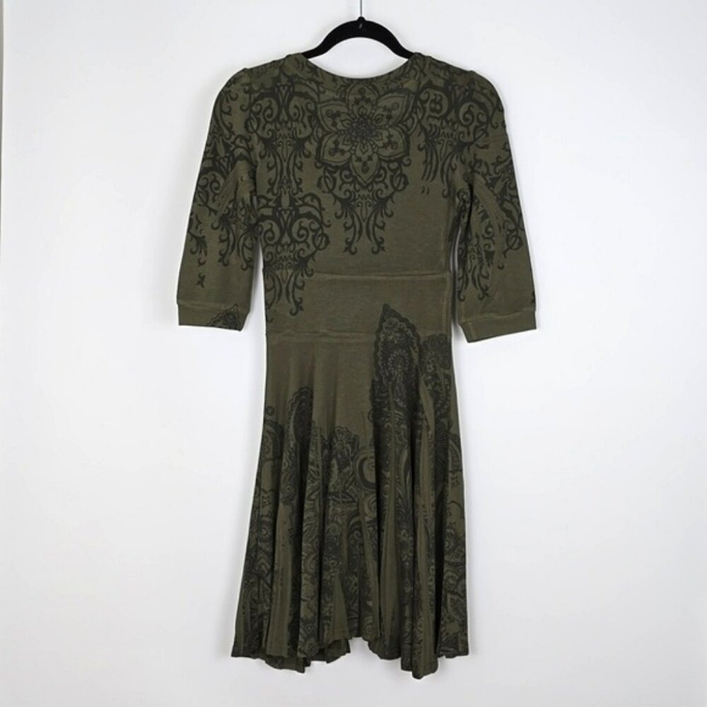 Papillon Women's Fit & Flare Dress Fatigue Green Paisley Knit Crew Neck Size S - Picture 2 of 12